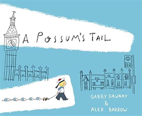 Book cover: a child walking possums on leashes near Big Ben.