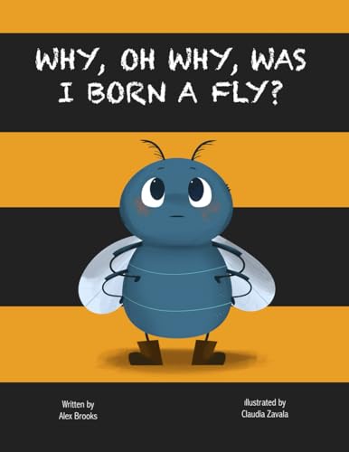 A cartoon blue fly stands on a background of horizontal black and orange stripes.