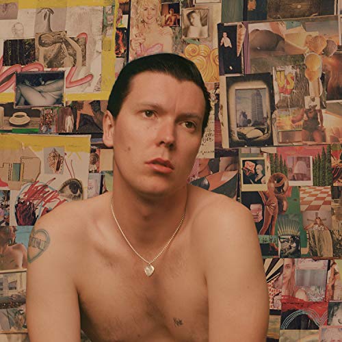 "Album cover featuring a shirtless man in front of a collage background."