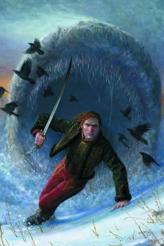 Man with sword stands in snow before a cavern with birds.