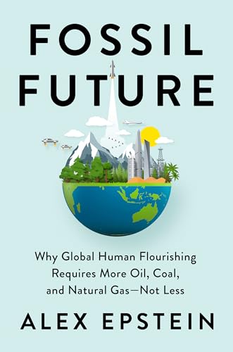 Book cover: "Fossil Future" with a globe illustration and city skyline.