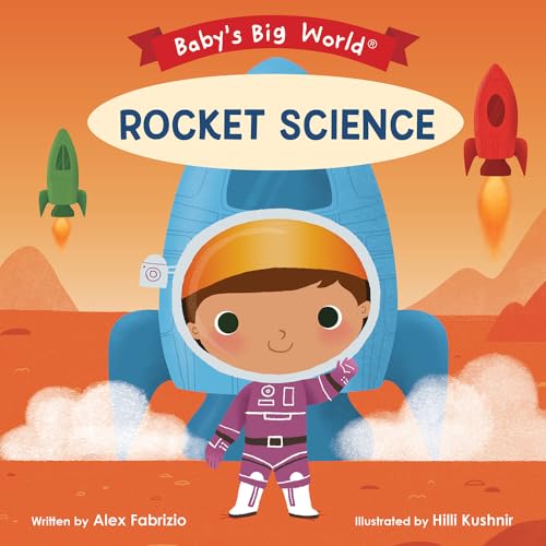 Book cover: child in spacesuit with rockets, orange and blue tones.