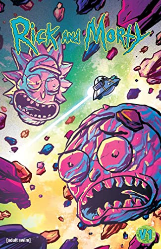 Rick and Morty comic book cover with characters in space debris.