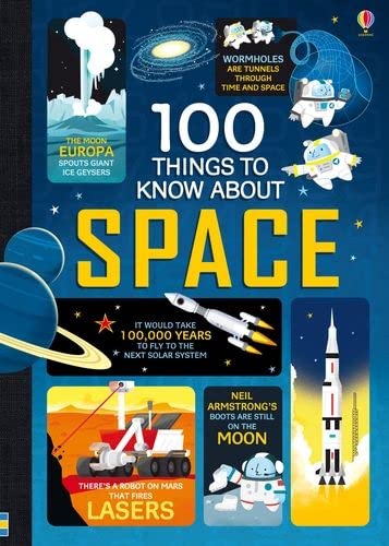 Book cover: “100 Things to Know About Space” with planets, rockets, and astronauts.