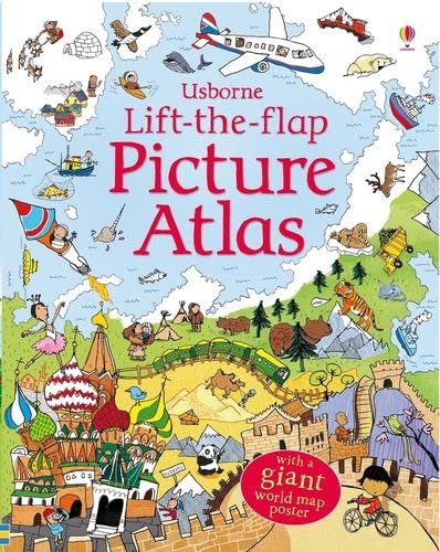 Colorful children’s atlas cover with illustrated world map and transport icons.
