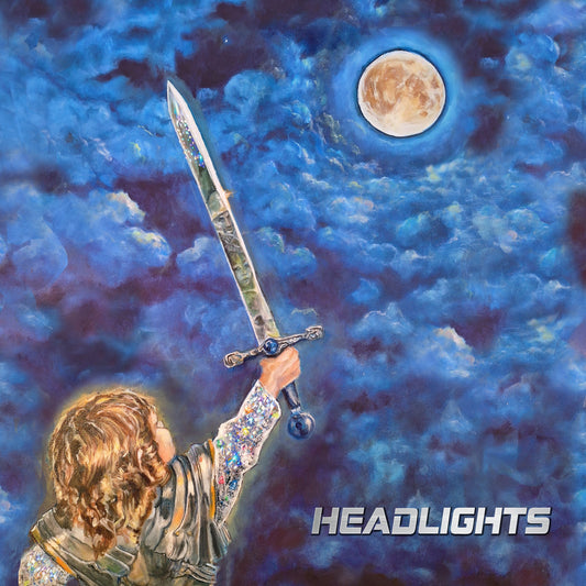 Painting of person holding sword toward a bright full moon in clouds.
