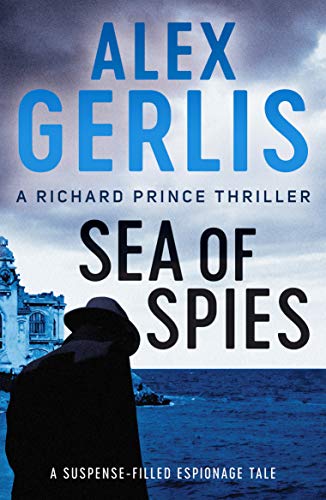 Book cover: "Sea of Spies" with a man’s back facing a coastal town.