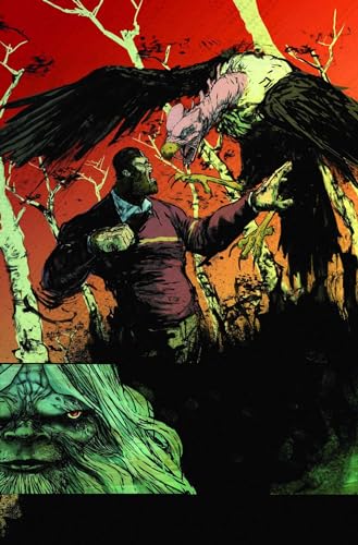 Comic book cover: man with a large bird, and a face below.