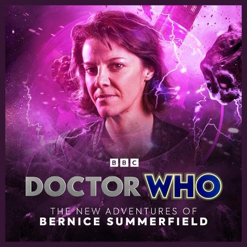 Bernice Summerfield portrait with Dalek and purple energy effects, BBC logo.