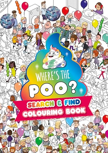 Black and white crowd scene with a colorful cartoon pile of poo.