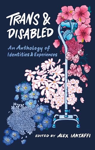Book cover featuring a cane with headphones surrounded by pink and blue flowers.