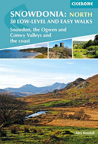 Book cover: Snowdonia walking guide with mountain and coastal scenes.