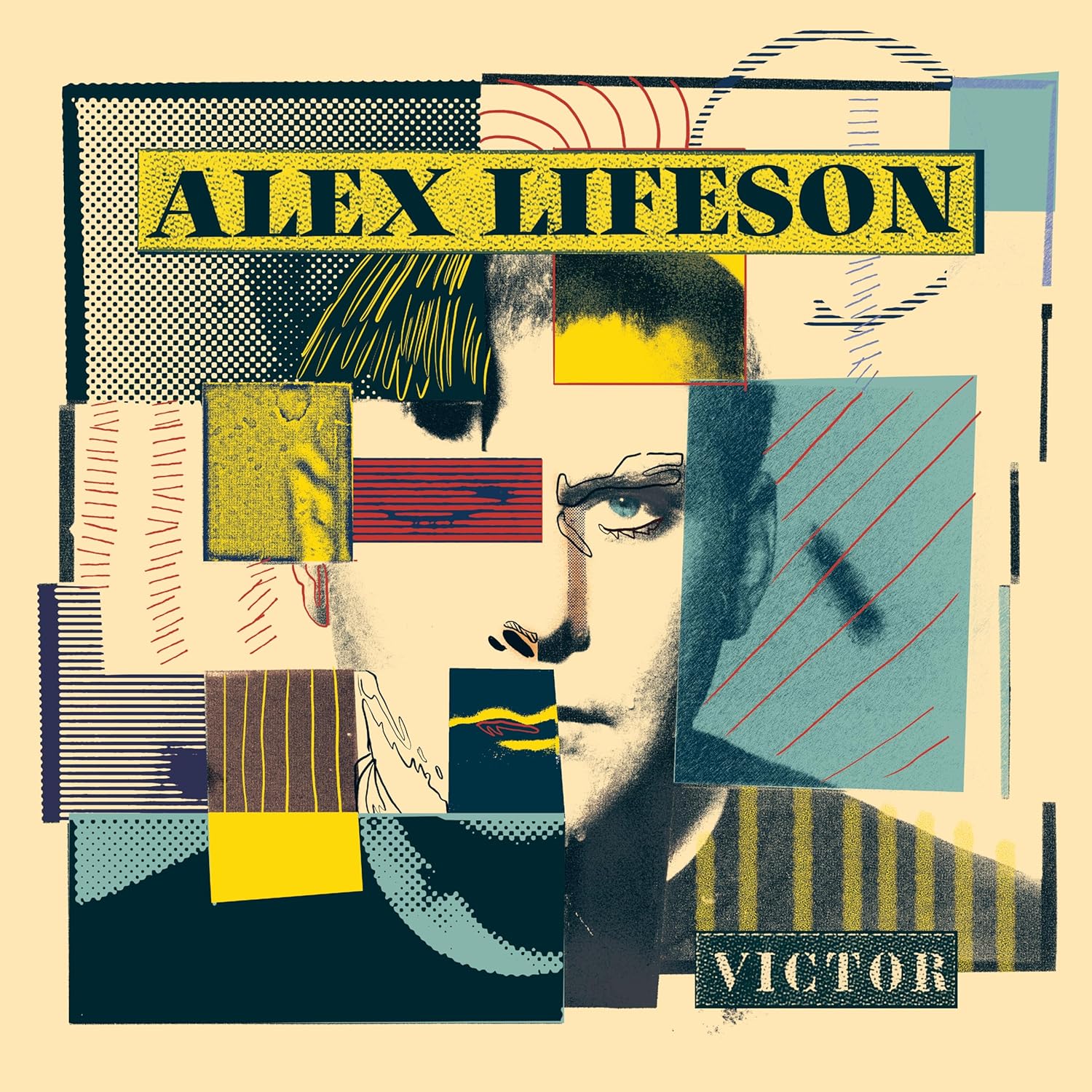 Album cover for Alex Lifeson’s “Victor” featuring a portrait in collage style.