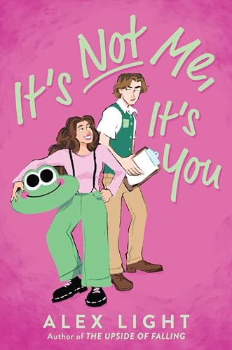 A girl holding a frog plush and a boy with a clipboard on pink background.