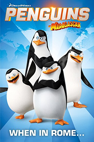 Four cartoon penguins stand together on a blue and white background.