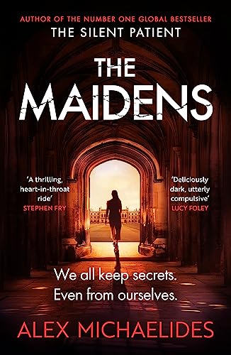 Book cover: "The Maidens" with a woman walking towards a grand building.