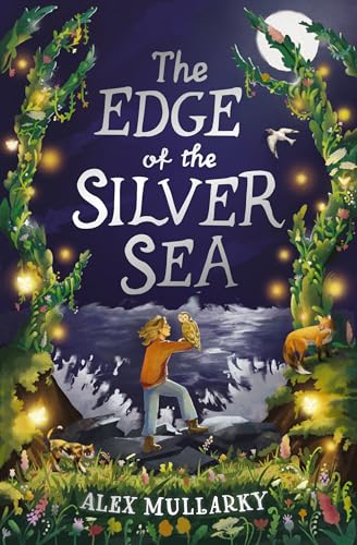 A person holding an owl stands by a sea at night with glowing plants.