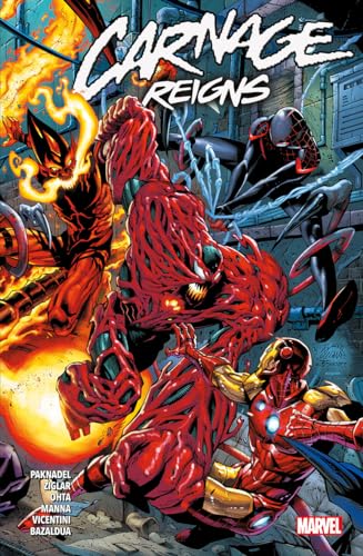 Comic book cover featuring Carnage, Venom, and Iron Man in battle.