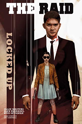 Comic book cover: man and child with weapons, blood, dark tones.