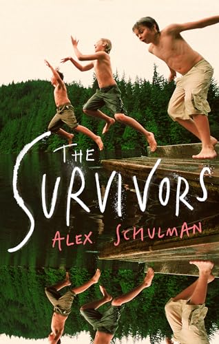 Book cover: three young men jumping near a lake, titled "The Survivors".