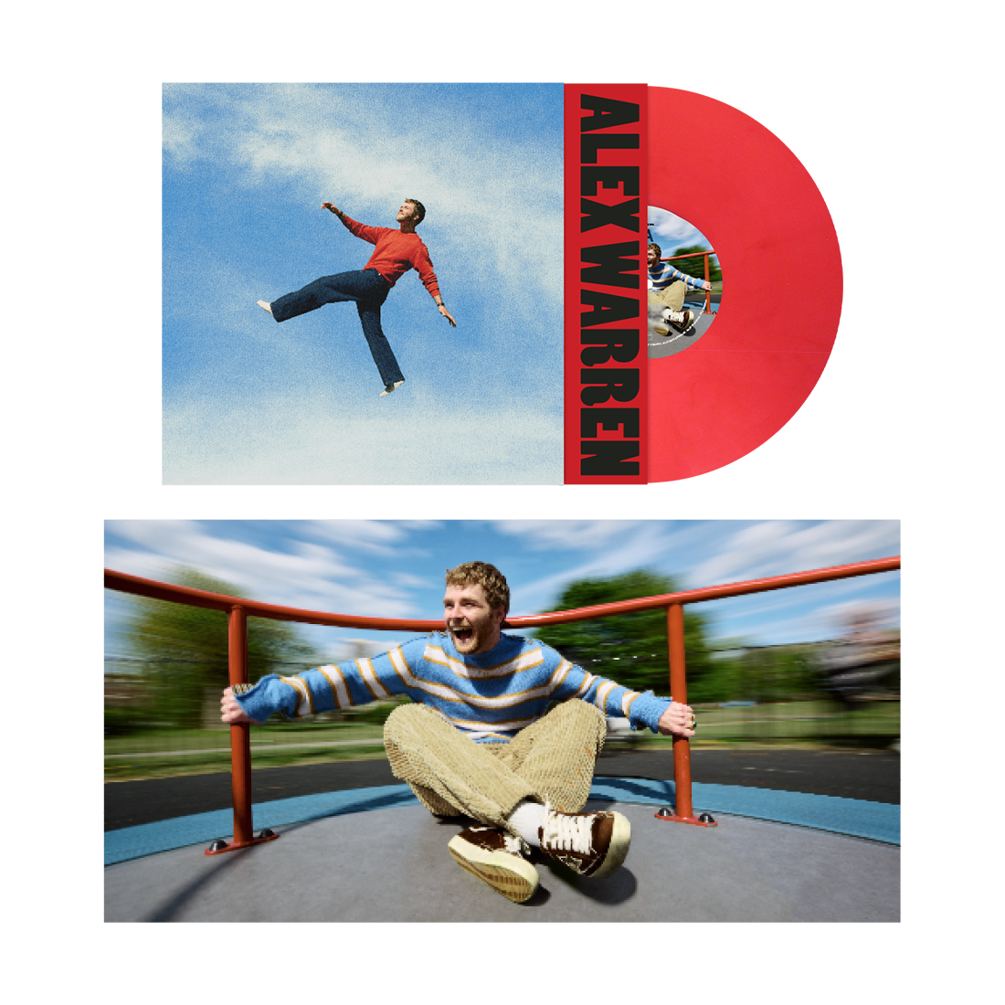 Red vinyl record with album art featuring a person mid-air and a blurred figure.
