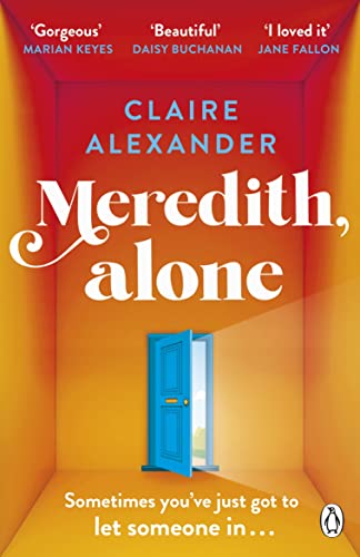 Book cover: "Meredith, Alone" with an open blue door illustration.