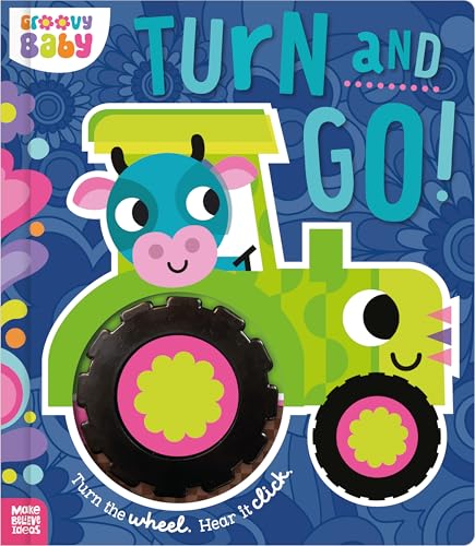 Brightly colored children’s book cover featuring a cow-driven tractor with a large wheel.