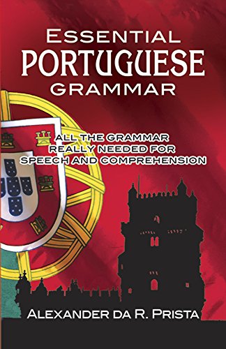 Book cover: "Essential Portuguese Grammar" with Portuguese shield and tower image.