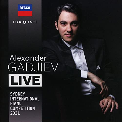 CD cover featuring pianist Alexander Gadjiev in a suit, dark background.