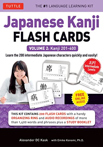 Japanese Kanji flashcards kit, volume 2, with a young woman studying.