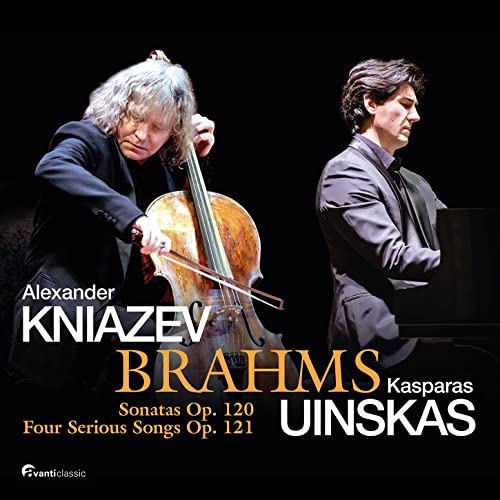 Cellist and pianist performing, album cover for Brahms sonatas and songs.