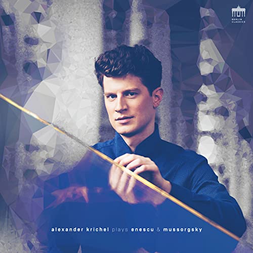 Alexander Krichel with violin, album cover for Enescu & Mussorgsky vinyl.