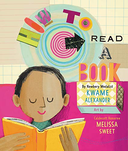 Book cover with a child reading, colorful abstract shapes, and text.