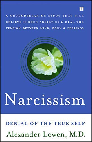 Book cover for Narcissism by Alexander Lowen, featuring a white flower in a circle.