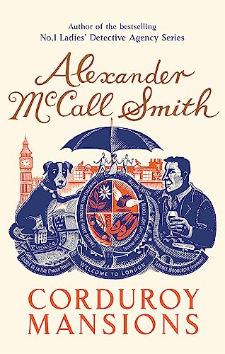 Book cover for "Corduroy Mansions" with dog, umbrella, and London imagery.