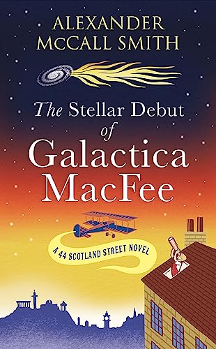 Book cover: navy background, airplane, rooftop, telescope, and text.