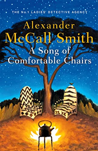 Book cover: tree silhouette, chairs, kettle, and text by Alexander McCall Smith.