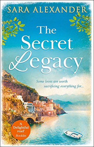 Book cover: “The Secret Legacy” with coastal village and blue sky.
