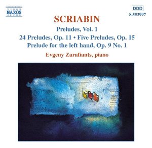 CD cover for Scriabin Preludes Vol. 1 featuring abstract blue art with small flags.