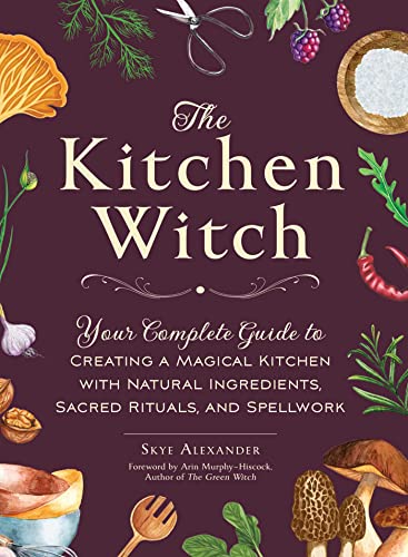 Book cover titled The Kitchen Witch with illustrations of food and kitchen tools.