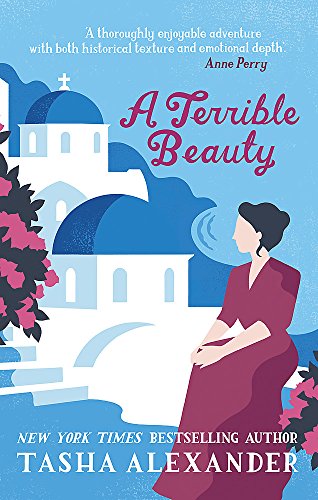 Book cover: woman in red dress, white buildings, pink flowers.
