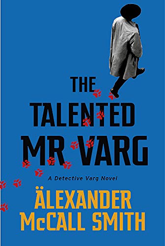 Book cover with a person in a trench coat and red paw prints on blue.
