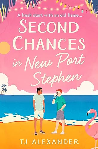 Book cover with two men on a beach, pink and blue tones.