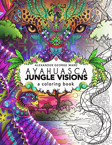 Coloring book cover with psychedelic jungle imagery, a face, and animals.