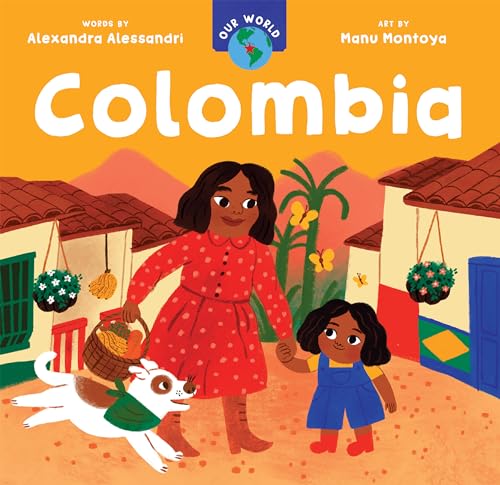 Book cover depicting a Colombian village scene with children and a dog.