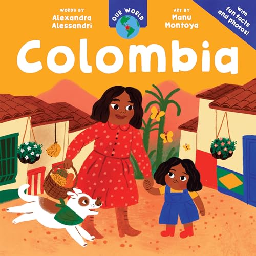 Colorful illustration of two girls and a dog in a Colombian village.