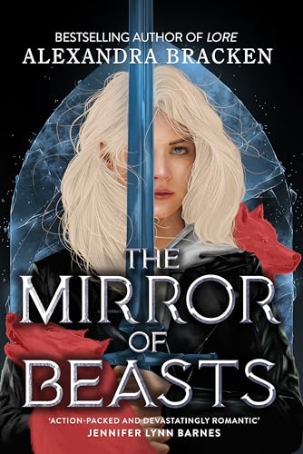 Book cover: woman with sword, wolf heads, and blue, fractured background.