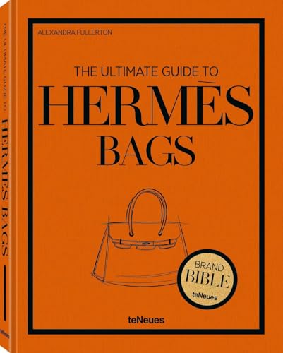 Orange hardcover book titled The Ultimate Guide to Hermes Bags with a bag sketch.