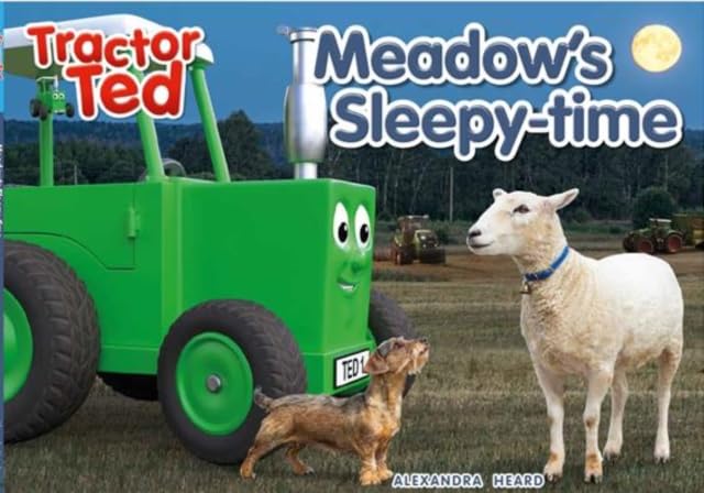 A children's book with Tractor Ted on a serene meadow scene at dusk.