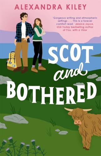 Book cover with couple, highland cow, and Scottish landscape illustration.